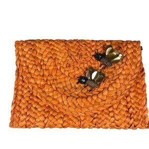 BOHO Chic Rattan Clutch with Bee Emerald Brooch Orange Straw Purse Handbag 7x11